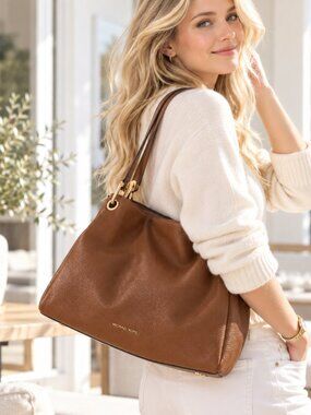 Michael Kors Raven Large Brown Pebbled Leather Shoulder Bag Tote